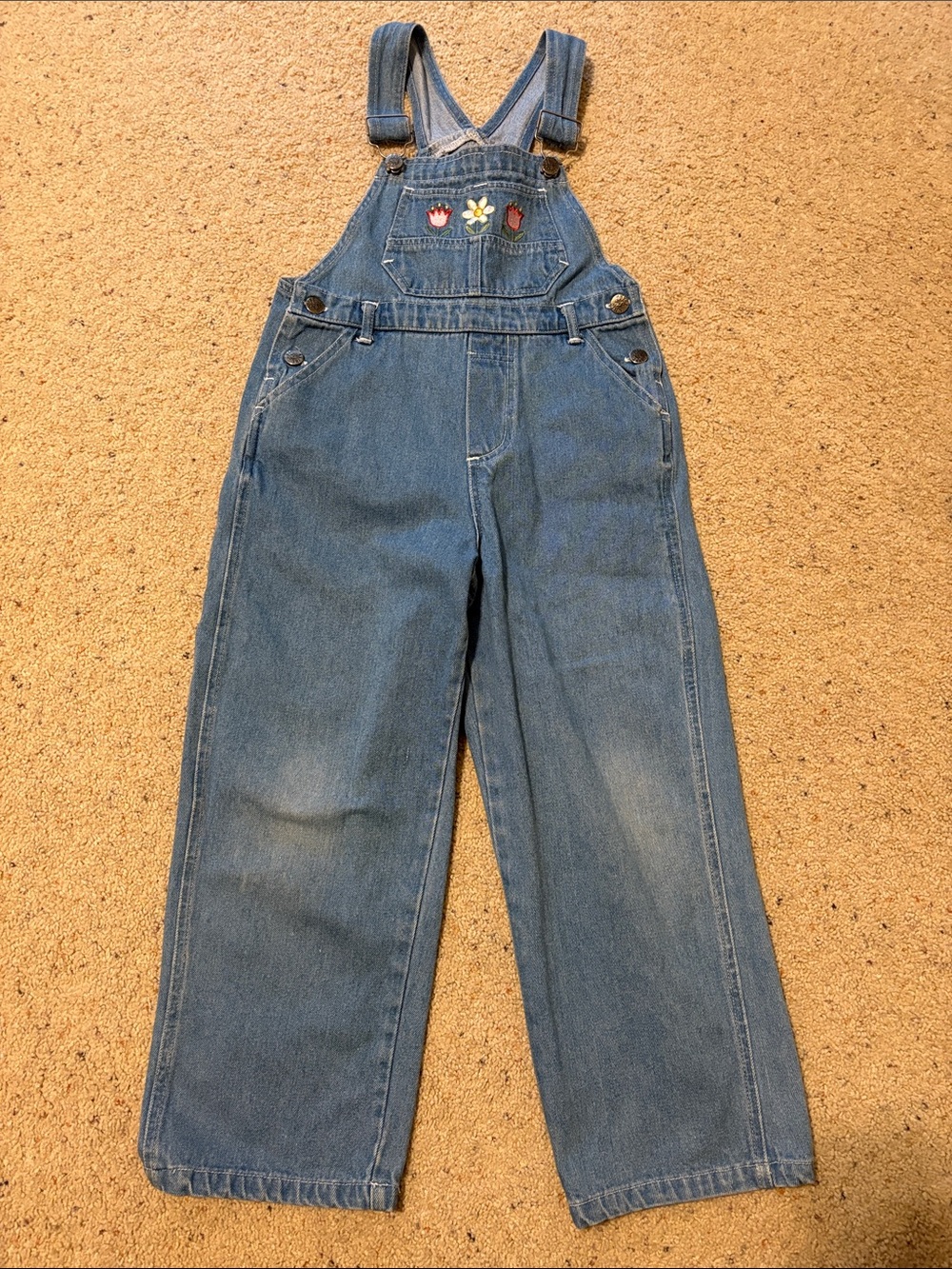 Classic Blue Denim Kids Overalls with Embroidered Flowers